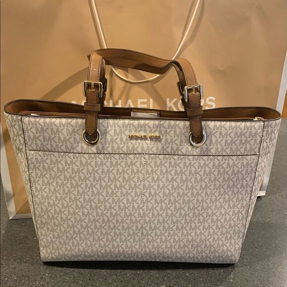 MICHAEL KORS JET SET LARGE TOTE BAG VANILLA SIGNATURE - Picture 7 of 10